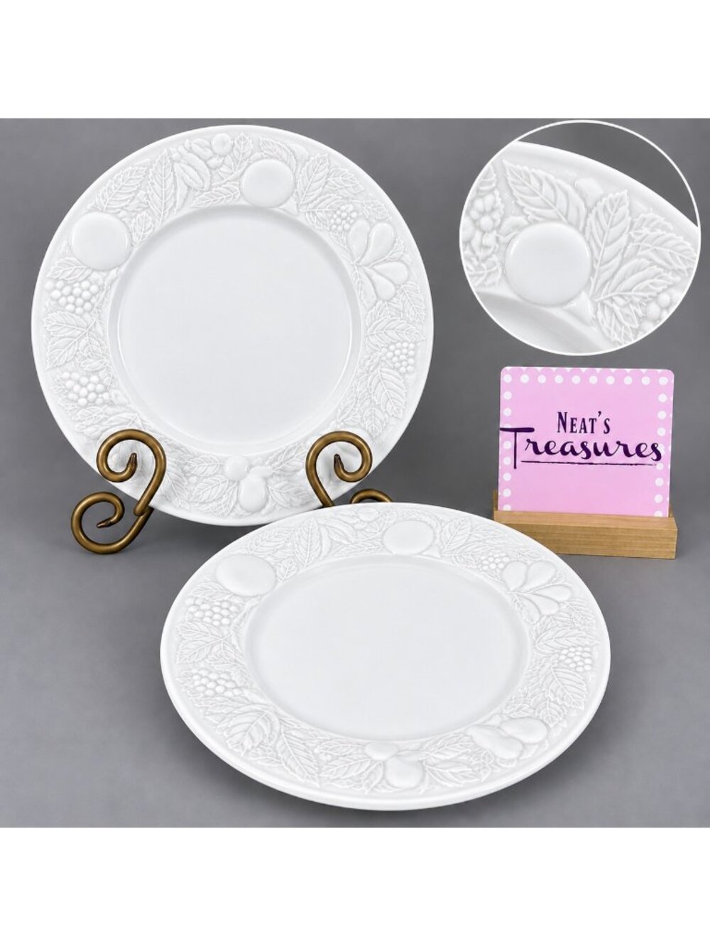 Gibson FRUIT Embossed Fruit White Shades Ceramic  10 1/8" Dinner Plates Set of 2